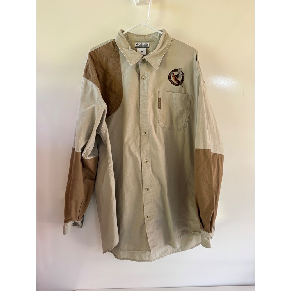 Columbia Hunting Shirt Mens XXL Tan Brown Shooting Patch Pheasant Cotton AM7736